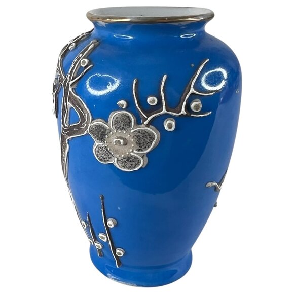 Vintage Blue Hand Painted Japanese Vase Cherry Blossom Floral Design Made Japan - Picture 5 of 7
